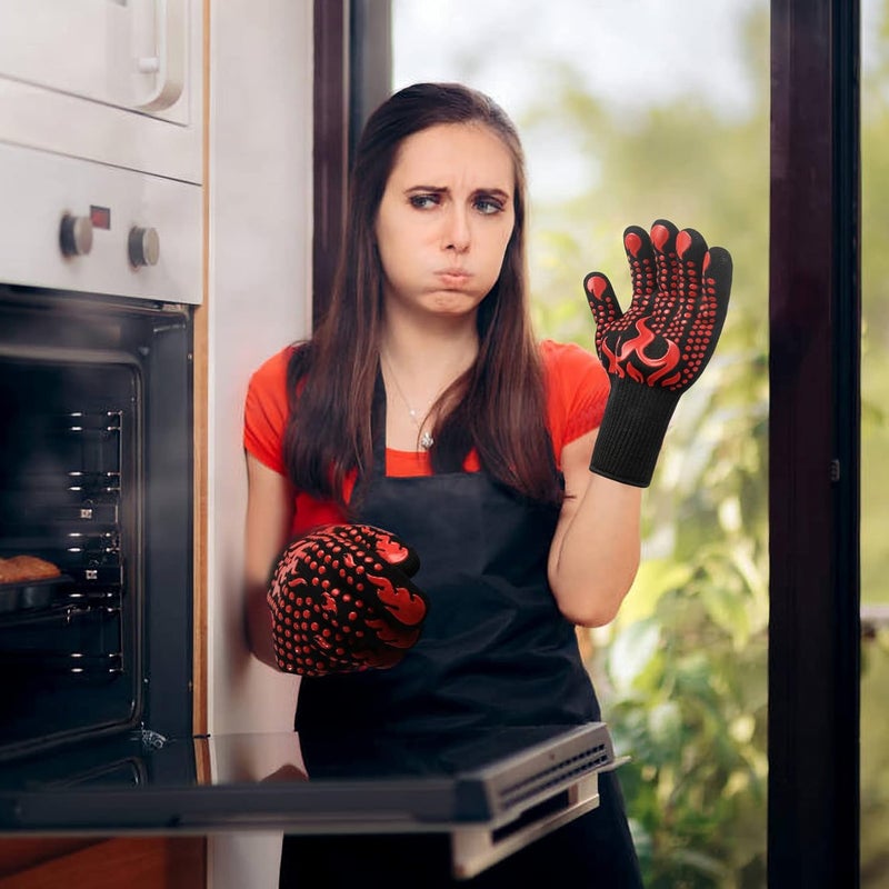 HexinYigjly 1 Pair/2 Pieces BBQ Gloves, Grilling Gloves, Heat Resistant Barbecue Oven Gloves, 1472°F/800°C Kitchen Fireproof Mitts Heat Proof for Grilling, Baking, Cooking, Welding Gloves Mitts - Red - Image 5